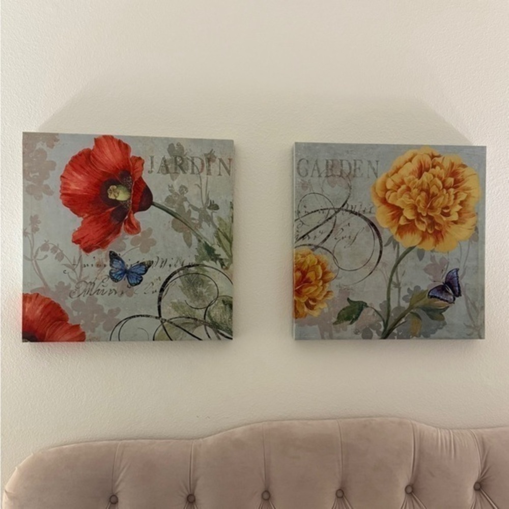 2 Floral Art Prints with Vibrant Butterflies on Canvas